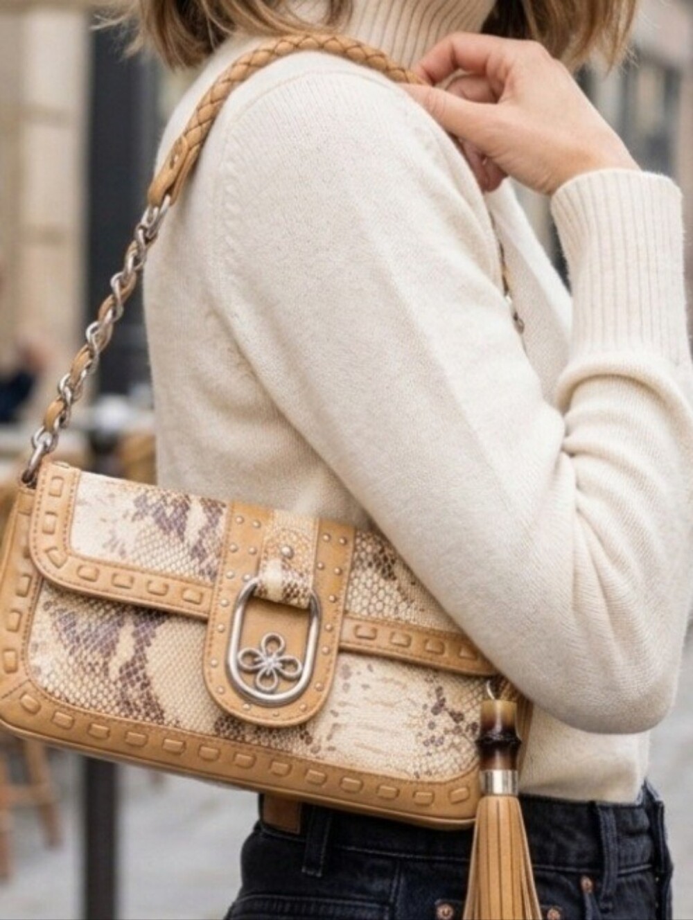 MC Snake Embossed Tan and Cream Clutch/shoulder Bag
